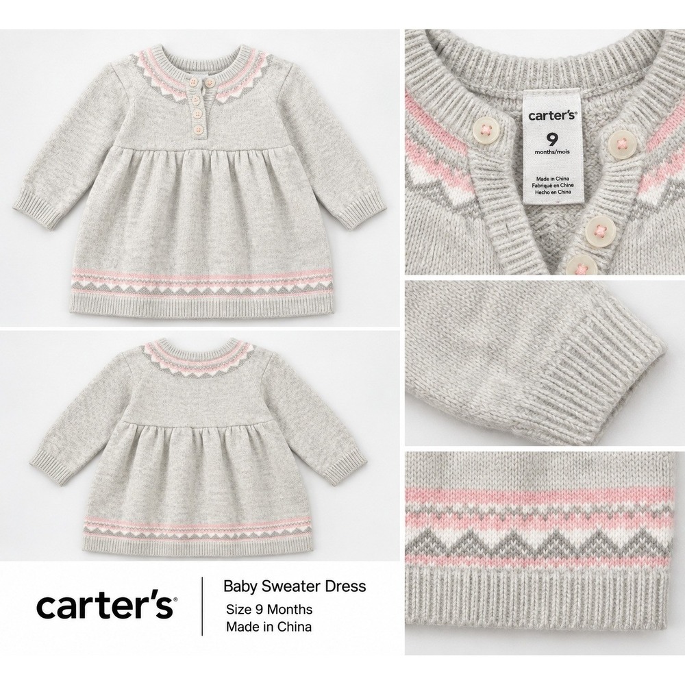 Carters Baby Grey Pink Fair Isle Knit Sweater Dress 9 Months Long Sleeve Henley